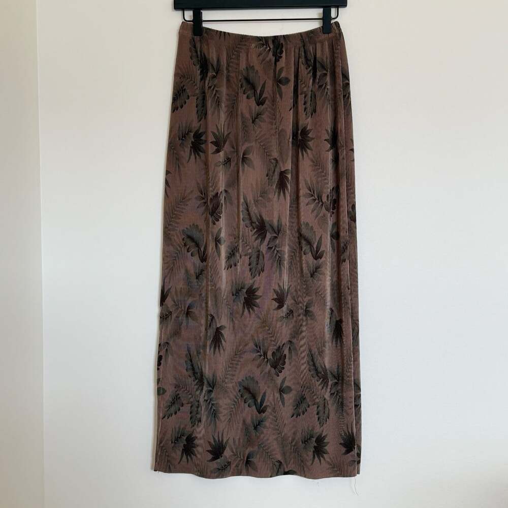 Notations Brown Leaf Print Pleated Midi Skirt Size S side slit